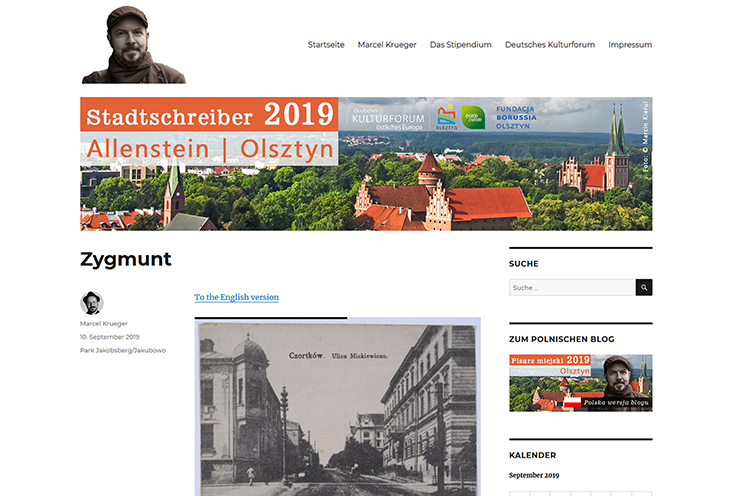 Screenshot des Blogs des Stadtschreibers 2019 in Allenstein/Olsztyn, Marcel Krueger