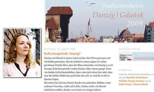 Screenshot: Blog Stadtschreiberin Danzig | Gdansk 2009 (Ausschnitt) mit Portrait von Sabrina Janesch