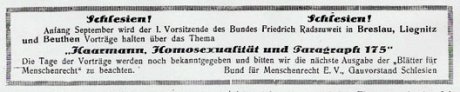  Der Berliner Friedrich Radszuweit hielt im September 1924 Vorträge auch in Schlesien. Blätter für Menschenrecht № 27, 1924