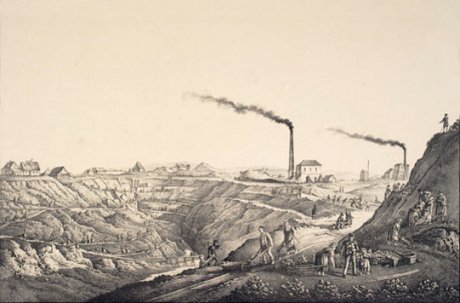 Die Galmeigrube in Scharley bei Beuthen, um 1855, Lithographie, vermutlich aus dem Verlag Rieden und Knippel, Schmiedeberg