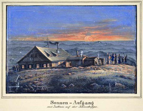 Sonnen-Aufgang und Gasthaus auf der Schneekoppe, um 1860, Lithographie auf Tonpapier von Ernst Wilhelm Knippel