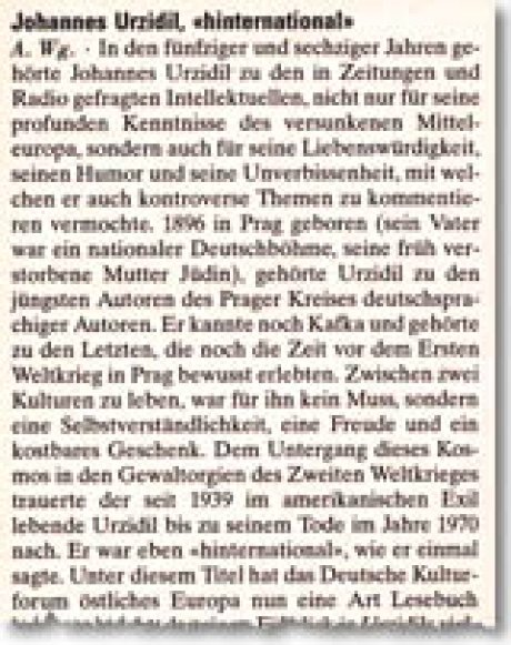 Zeitungsausriss. Neue Zürcher Zeitung, 27.01.2011: Jonnes Urzidil, hinternational