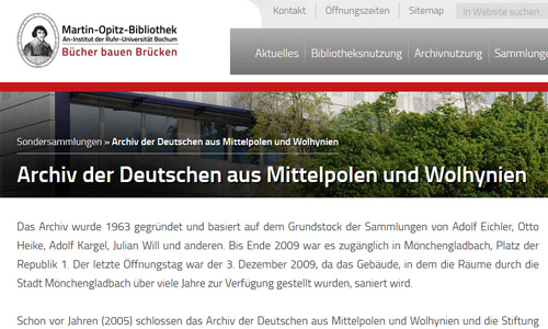 Screenshot: Website der Martin-Opitz-Bibliothek, Archiv der Deutschen aus Mittelpolen und Wolhynien (Ausschnitt)